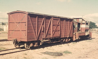 A wooden bodied V van and MDH 6 at Port Augusta workshops, 23.3.1970